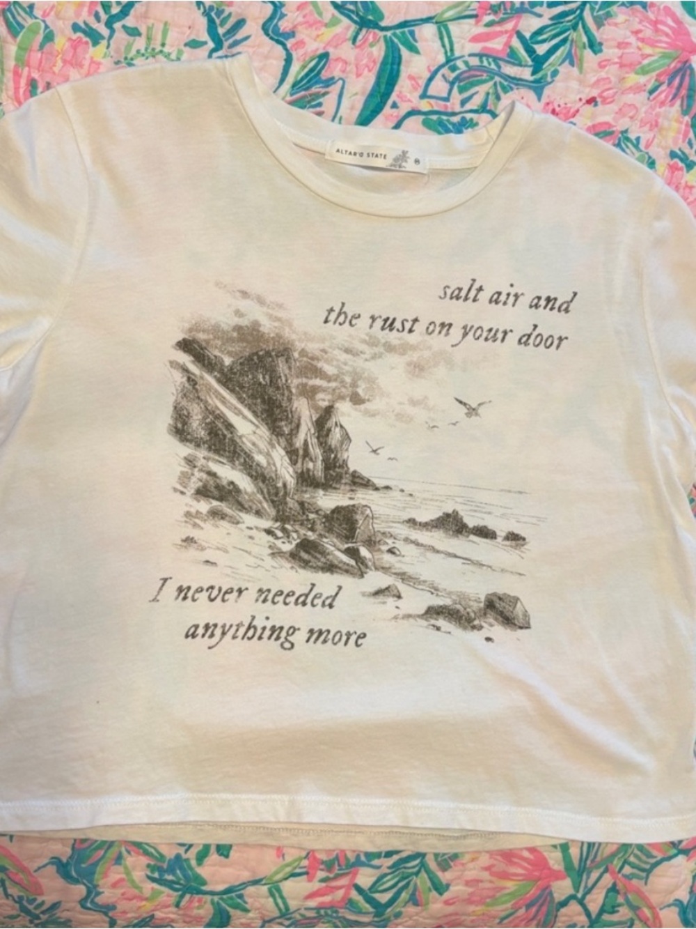 Altar'd State White Graphic Crop Tee with Beach Coastal Sketch